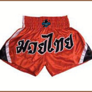 EMBAR Red Muay Thai Shorts with Bold Thai Script