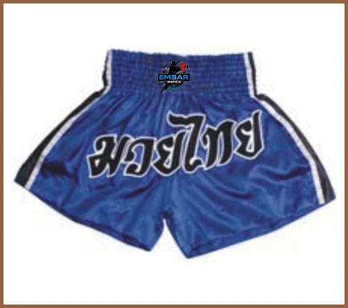 EMBAR Blue Muay Thai Shorts with Bold Thai Script